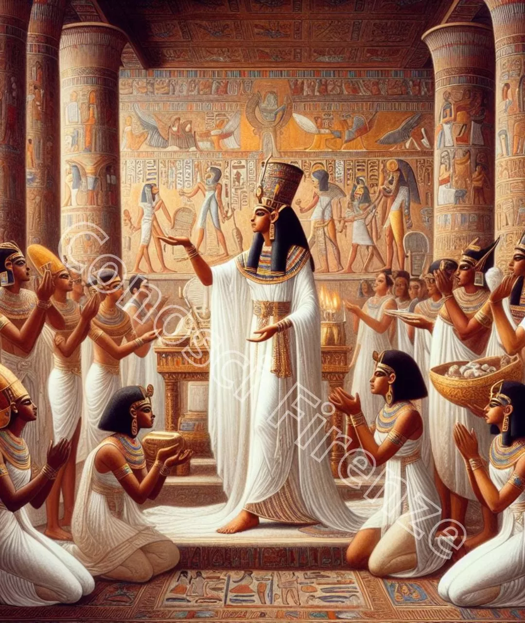 Raffigurazione dell'uso del lino nella corte di Nefertari, con la regina che indossa un elaborato abito di lino bianco mentre offre doni agli dei.