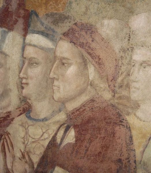 Portrait of Dante traditionally attributed to Giotto (or of the Giotto school). Fresco in the Palazzo del Bargello, Chapel of the Magdalene, in Florence.