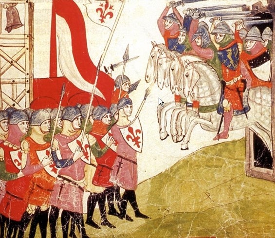 Il Carroccio fiorentino con la bandiera del comune, immagine presa da una miniatura della Cronica nuova di Giovanni Villani