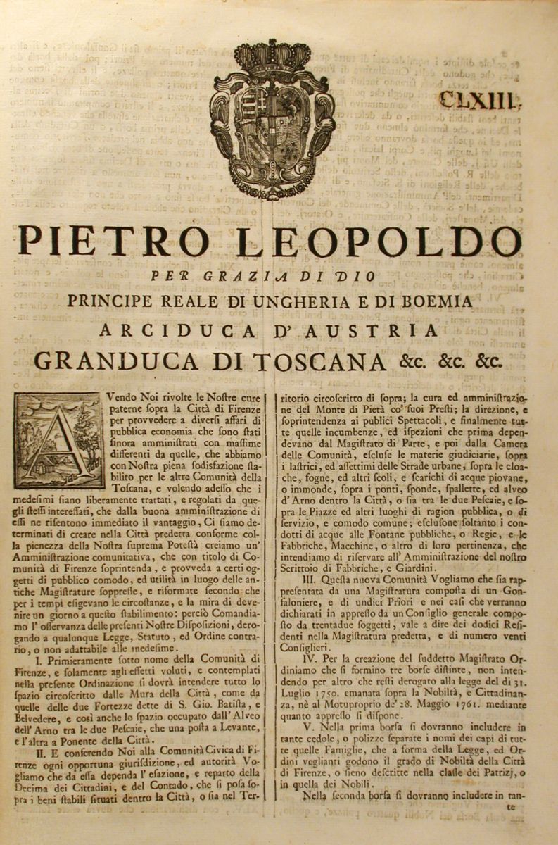 Immagine del testo completo del Regolamento particolare della comunità di Firenze così come inserita nella raccolta delle Leggi e Bandi del Granducato di Toscana del 1781 (dal sito dell’Archivio Storico del Comune di Firenze)